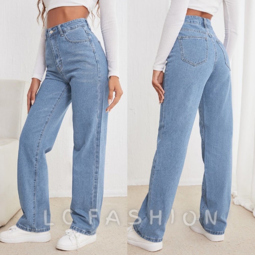 High Waisted Straight Leg Jeans, Women high waist jeans Light wash